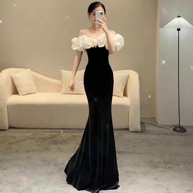 Black Evening Dress Style French One-Shoulder Accessible Luxury Elegant Slimming Look Celebrity Host Fishtail - Image 5